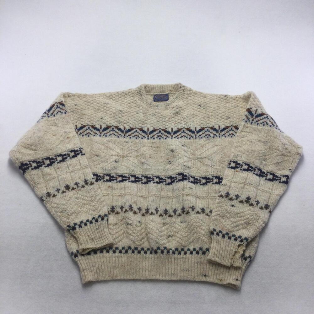 Vintage Pendleton Sweater Mens XL White Wool Fair Isle Ski Knit USA Crew Neck